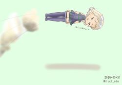 Rule 34 | &gt; &lt;, 1girl, blonde hair, bodysuit, closed eyes, commentary request, dated, diving suit, flying, full body, green background, hairband, highres, kantai collection, luci ole, luigi torelli (kancolle), name connection, one-hour drawing challenge, short hair, simple background, sleeveless, smoke, solo, thighhighs, twitter username, wetsuit