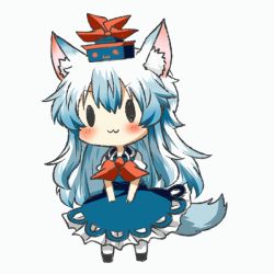 Rule 34 | 1girl, :3, animal ears, animated, animated gif, blue hair, blush, bow, chibi, dress, ear wiggle, expressive clothes, female focus, hat, kamishirasawa keine, kemonomimi mode, long hair, rebecca (keinelove), simple background, smile, solid circle eyes, solo, tail, tail wagging, touhou, very long hair, white background