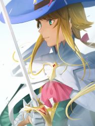 Rule 34 | amino (tn7135), blonde hair, blue eyes, chevalier d&#039;eon (fate), fate/grand order, fate (series), gloves, hat, jewelry, lips, long hair, long sleeves, looking to the side, smile, solo, sword, weapon, white gloves