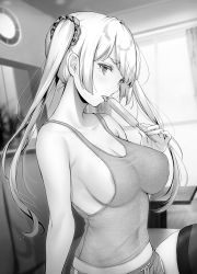 Rule 34 | 1girl, areola slip, blush, breasts, cleavage, collarbone, commentary request, fingernails, food, gentsuki, greyscale, hair intakes, hair ornament, hair scrunchie, highres, holding, holding food, indoors, licking, long hair, looking at viewer, medium breasts, midriff peek, monochrome, open mouth, original, popsicle, scrunchie, short shorts, shorts, solo, thighhighs, twintails