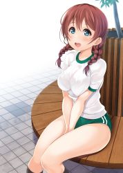 Rule 34 | 1girl, bench, between legs, black socks, blouse, blue eyes, blush, bra, braid, breasts, brown hair, buruma, commentary, day, emma verde, freckles, green bra, green buruma, green panties, gym shirt, gym uniform, hair between eyes, hand between legs, highres, hino minato (spec.c), long hair, looking at viewer, love live!, love live! nijigasaki high school idol club, low twin braids, low twintails, medium breasts, on bench, open mouth, outdoors, panties, panty peek, park bench, see-through, shirt, short sleeves, sitting, smile, socks, solo, thighs, tiles, tongue, tree, twin braids, twintails, underwear, v arms, white shirt
