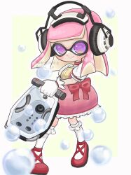 Rule 34 | 1girl, artist name, bloblobber (splatoon), border, commentary request, dress, frilled dress, frills, gloves, headphones, highres, holding, holding weapon, inkling, inkling girl, inkling player character, mina p, nintendo, pink dress, pink hair, puffy sleeves, purple eyes, red footwear, shoes, short hair, short sleeves, simple background, smile, soap bubbles, solo, splatoon (series), splatoon 3, weapon, white border, white gloves, white sleeves, yellow background
