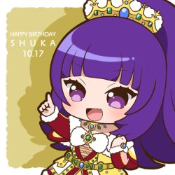 Rule 34 | 1girl, :d, blunt bangs, blush, border, character name, chibi, chii (chi pppuri), commentary request, dress, drop shadow, fur-trimmed dress, fur trim, gem, green gemstone, hanazono shuka, hands up, happy birthday, idol clothes, idol time pripara, index finger raised, long hair, long sleeves, looking at viewer, open mouth, outside border, pointing, pointing up, ponytail, pretty series, pripara, purple eyes, purple hair, smile, solo, standing, tiara, white border, yellow background, yellow dress
