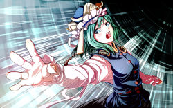 Rule 34 | 1girl, angry, epaulettes, fingernails, furim, green eyes, green hair, hat, light trail, long sleeves, looking at viewer, matching hair/eyes, open mouth, outstretched arms, reaching, shiki eiki, short hair, solo, spread arms, touhou, vest
