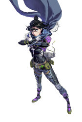 Rule 34 | 1girl, animification, apex legends, belt, black bodysuit, black gloves, black hair, blue scarf, bodysuit, breasts, brown belt, floating hair, gloves, green gloves, hair bun, highres, holding, holding knife, knife, kuji-in, kunai, pink footwear, scarf, single hair bun, small breasts, smile, solo, thigh strap, v-shaped eyebrows, weapon, white background, wraith&#039;s kunai, wraith (apex legends), zjl baiqishi
