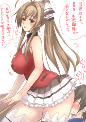 Rule 34 | 10s, 1boy, 1girl, amagi brilliant park, antenna hair, breasts, brown eyes, brown hair, clothes lift, face in ass, garyou, high ponytail, huge breasts, ponytail, revision, sento isuzu, skirt, solo focus, sweater, sweater lift, thighs, translated, white legwear