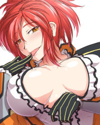 Rule 34 | 1girl, azanami (pso2), black gloves, breasts, brown eyes, covered erect nipples, dress, female focus, gloves, highres, huge breasts, licking, licking finger, looking at viewer, naughty face, no bra, phantasy star, phantasy star online 2, ponytail, red hair, saliva, saliva trail, short hair, short ponytail, simple background, sketch, solo, taro, tongue, tongue out, upper body, white background, yellow eyes