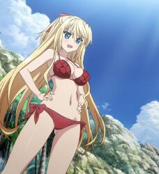 Rule 34 | 1girl, absolute duo, absurdres, bare shoulders, bikini, blonde hair, blue eyes, breasts, cleavage, cloud, day, female focus, hair ribbon, hands on own hips, highres, large breasts, legs, lilith bristol, long hair, navel, open mouth, ribbon, sky, smile, solo, standing, stitched, swimsuit, thighs, third-party edit, very long hair
