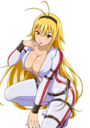 Rule 34 | 00s, 1girl, antenna hair, black hairband, blonde hair, bodysuit, breasts, chousen (ikkitousen), cleavage, collarbone, finger to mouth, full-length zipper, hairband, ikkitousen, large breasts, long hair, looking at viewer, on one knee, red eyes, shiny skin, simple background, smile, solo, squatting, tiara, unzipped, white background, zipper