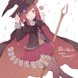 Rule 34 | 1girl, ace (playing card), ace of diamonds, animal, animal on shoulder, bird, bird on shoulder, black cape, black hat, black jacket, black ribbon, black sleeves, blazer, brown eyes, brown vest, buttons, cape, card, character name, collared shirt, commentary request, confetti, cowboy shot, danganronpa (series), danganronpa v3: killing harmony, diamond (shape), eyelashes, gem hair ornament, grey pantyhose, hand on headwear, happy birthday, hat, heart, holding, holding staff, jacket, long sleeves, looking at viewer, medium hair, miniskirt, neck ribbon, open clothes, open jacket, open mouth, pantyhose, playing card, pleated skirt, pocket, red cape, red hair, red skirt, ribbon, sakura (fein5862817), shirt, simple background, skirt, smile, solo, spoken heart, staff, star (symbol), twitter username, two-sided cape, two-sided fabric, vest, white background, white bird, white shirt, witch hat, yumeno himiko