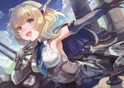 Rule 34 | 1girl, black gloves, blonde hair, blue eyes, blue necktie, blush, braid, breasts, capelet, colorado (kancolle), dress, elbow gloves, garrison cap, gloves, grey dress, grey hat, hat, headgear, kantai collection, large breasts, looking at viewer, machinery, mat (seiga38529), necktie, open mouth, pleated dress, shirt, short hair, side braids, sideboob, sleeveless, smile, solo, turret, white shirt