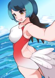Rule 34 | 1girl, alternate costume, backless swimsuit, bare arms, bare legs, bare shoulders, bird girl, bird tail, bird wings, black hair, blue hair, breasts, commentary, competition swimsuit, cowboy shot, gradient swimsuit, head wings, highres, illu (illu stratos), kemono friends, long hair, medium breasts, multicolored hair, one-piece swimsuit, orange eyes, passenger pigeon (kemono friends), red one-piece swimsuit, solo, swimsuit, symbol-only commentary, tail, two-tone swimsuit, wading, water, white hair, white one-piece swimsuit, wings
