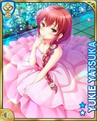 Rule 34 | 1girl, bare arms, bare shoulders, bow, braid, breasts, brown eyes, card (medium), closed mouth, day, dress, forest, girlfriend (kari), hair ornament, hair ribbon, hair tie, long hair, looking at viewer, nature, official art, outdoors, pink bow, pink dress, qp:flapper, red hair, ribbon, small breasts, smile, solo, standing, twin braids, twintails, wedding dress, yatsuka yukie
