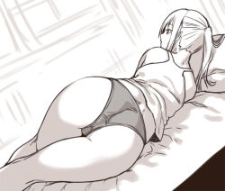 Rule 34 | 1girl, ass, bare legs, bed, bed sheet, closed mouth, dutch angle, elf, expressionless, from behind, greyscale, houtengeki, kneepits, long hair, looking afar, lying, monochrome, on bed, on side, original, panties, pointy ears, ponytail, profile, sketch, sleeveless, solo, tank top, thighs, underwear