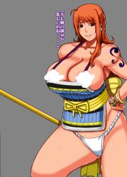 Rule 34 | 1girl, breasts, censored, censored nipples, grey background, highres, large breasts, long hair, nami (one piece), no bra, one piece, orange hair, papepox2, simple background, smile, sweat