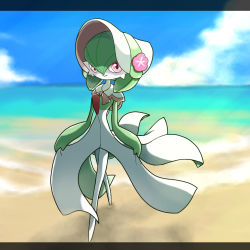 Rule 34 | 1girl, backlighting, beach, blue sky, blush, bob cut, bonnet, capelet, closed mouth, clothed pokemon, cloud, colored skin, creatures (company), day, female focus, flat chest, flower, full body, game freak, gardevoir, gardevoir (fashionable), gen 3 pokemon, green hair, green skin, hair between eyes, happy, hat, hat flower, highres, horizon, letterboxed, light blush, looking at viewer, monya, multicolored skin, nintendo, ocean, outdoors, pink eyes, pink flower, pink trim, pokemon, pokemon (creature), pokemon unite, sand, short hair, sky, smile, solo, standing, two-tone skin, walking, water, white capelet, white hat, white skin