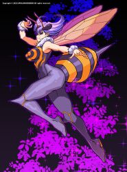 Rule 34 | 1girl, absurdres, apoloniodraws, arthropod girl, bee, bee girl, bee wings, black eyes, breasts, bug, extra eyes, fingernails, flying, highres, insect, insect girl, large breasts, purple hair, q-bee, sharp fingernails, short hair, stinger, vampire (game)