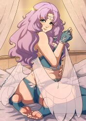 Rule 34 | 1girl, alternate costume, ass, bed, bra, butt crack, circlet, dancer, fingerless gloves, fire emblem, fire emblem: the blazing blade, florina (fire emblem), from behind, gloves, green eyes, green thighhighs, highres, kinkymation, long hair, looking at viewer, looking back, nintendo, on bed, parted bangs, parted lips, pillow, purple hair, sitting, smile, soles, solo, stirrup legwear, thighhighs, toeless legwear, underwear, veil, wariza