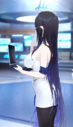 Rule 34 | 1girl, adjusting eyewear, armband, artist request, black hair, black pantyhose, blue archive, blue hair, blurry, blurry background, breasts, commentary request, computer, depth of field, from side, glasses, gloves, half gloves, halo, highres, laptop, large breasts, long hair, multicolored hair, pantyhose, pointy ears, rin (blue archive), sidelocks, sleeveless, solo, standing, two-tone hair, very long hair, white gloves