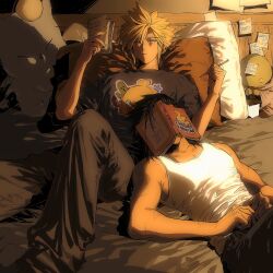 Rule 34 | 2boys, aqua eyes, armpit crease, bare arms, bare shoulders, bed sheet, black hair, black pants, black shirt, blonde hair, book, book on head, casual, chocobo, cloud strife, feet out of frame, final fantasy, final fantasy vii, hair between eyes, highres, holding, holding notepad, holding pencil, indoors, long sleeves, male focus, moogle, multiple boys, notepad, object on head, on bed, pants, pectoral cleavage, pectorals, pencil, pillow, print shirt, reclining, sabotender, scar, scar on arm, shirt, short hair, sleeves rolled up, spiked hair, stuffed animal, stuffed toy, tank top, tonberry, toned, toned male, white shirt, xevir3399, zack fair