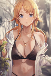 Rule 34 | 1girl, ahoge, bikini, blonde hair, blue eyes, blush, breasts, cleavage, collarbone, collared shirt, dress shirt, earrings, hachimiya meguru, hair ornament, hairclip, halterneck, highres, idolmaster, idolmaster shiny colors, jewelry, large breasts, long hair, long sleeves, looking at viewer, low twintails, navel, necklace, off shoulder, open clothes, open mouth, open shirt, shirt, sola (solo0730), solo, string bikini, sweat, swimsuit, twintails, white shirt