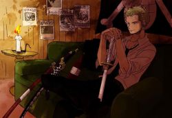 Rule 34 | 1boy, artist request, bottle, candle, couch, earrings, fire, green hair, green upholstery, indoors, jewelry, jolly roger, male focus, monkey d. luffy, one piece, pirate, poster, poster (medium), roronoa zoro, sanji (one piece), scabbard, sheath, sheathed, sitting, solo, source request, sword, wanted, weapon