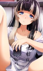 Rule 34 | 1girl, absurdres, black hair, blue eyes, blunt bangs, blush, breasts, clothes writing, cup, fuyuhi uta, grey hair, highres, holding, holding cup, hololive, hololive dev is, juufuutei raden, long hair, medium breasts, multicolored hair, shirt, sidelocks, solo, streaked hair, virtual youtuber, white shirt