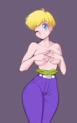 Rule 34 | 1girl, absurdres, blonde hair, blue eyes, covering privates, covering breasts, dragon ball, dragonball z, earrings, highres, erasa (dragon ball), jewelry, one eye closed, pants, purple pants, scorpdk, short hair, simple background, smile, solo, topless