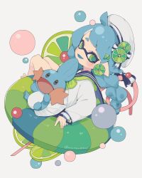 Rule 34 | 1girl, aqua hair, blue bow, blue tongue, bow, bowtie, bubble, colored tongue, creatures (company), drinking straw, earrings, fangs, food, food-themed earrings, food-themed hair ornament, food themed earrings, fruit, game freak, gen 3 pokemon, green bow, green bowtie, green eyes, hair ornament, hat, highres, inkling, inkling girl, inkling player character, jewelry, lemon, lemon earrings, lemon hair ornament, lemon slice, lifebuoy, long sleeves, looking at viewer, matsushita (matsudbox), mudkip, nintendo, open mouth, pokemon, pokemon (creature), sailor collar, sailor hat, school uniform, shirt, simple background, sitting, smile, splatoon (series), swim ring, white background, white shirt