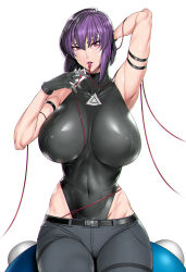 Rule 34 | 1girl, arm strap, belt, black gloves, black leotard, black thighhighs, breasts, cable, covered navel, denim, fei (maidoll), ghost in the shell, gloves, highleg, highleg leotard, highres, huge breasts, jeans, kusanagi motoko, leotard, leotard under clothes, looking at viewer, mouth hold, pants, purple hair, red eyes, short hair, simple background, solo, thighhighs, white background