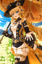 Rule 34 | 1girl, :d, absurdres, bare shoulders, black gloves, black headwear, blonde hair, blue eyes, blue sky, breasts, cloud, commentary request, cowboy shot, day, flower, genshin impact, gloves, highres, holding, holding umbrella, long hair, looking at viewer, medium breasts, navia (genshin impact), open mouth, reaching, reaching towards viewer, sky, skym (kumei), smile, solo, standing, thighhighs, thighs, umbrella, very long hair, white flower