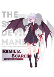 Rule 34 | 1girl, alternate costume, bat ornament, bat wings, black footwear, black gloves, boots, character name, closed mouth, coat, finger to mouth, full body, gloves, highres, holding, holding weapon, light purple hair, looking at viewer, necktie, nian (zhanian), planted, red eyes, red necktie, remilia scarlet, short sleeves, simple background, smile, solo, spear the gungnir, standing, thigh strap, touhou, weapon, white background, wings