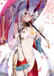 Rule 34 | 1girl, absurdres, breasts, cherry blossoms, china dress, chinese clothes, cleavage, cowboy shot, detached sleeves, dress, fate/grand order, fate (series), floating hair, hair between eyes, hair ribbon, high ponytail, highres, holding, holding umbrella, horns, large breasts, long hair, looking at viewer, nail polish, pink nails, red eyes, red ribbon, ribbon, silver hair, sleeveless, sleeveless dress, smile, solo, standing, takubon, tomoe gozen (fate), tomoe gozen (traveling outfit) (fate), umbrella, very long hair
