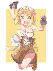 1girl :d absurdres blonde_hair blush border breasts endro! fai_fai female_focus fingerless_gloves full_body gloves hairband highres jumping karahai_(31448823) large_breasts multicolored_hair no_bra open_mouth outside_border short_hair shorts simple_background smile solo spiked_knuckles strapless two-tone_hair white_border yellow_background yellow_eyes