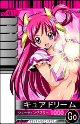 Rule 34 | 00s, 1girl, blush, breasts, card (medium), closed eyes, clothes lift, collarbone, cure dream, flower, functionally nude, hair flower, hair ornament, hair ribbon, hassaku (rapidangel), long hair, looking at viewer, lowres, open mouth, pink background, pink eyes, pink hair, pink shirt, precure, ribbon, shirt, shirt lift, small breasts, smile, twintails, wrist cuffs, yes! precure 5, yes! precure 5 gogo!, yumehara nozomi