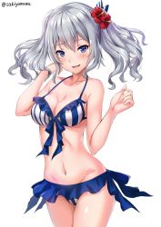 Rule 34 | 1girl, :d, adapted costume, artist name, bare shoulders, bikini, bikini skirt, blue eyes, breasts, cleavage, collarbone, cowboy shot, eyebrows, flower, frilled bikini, frills, hair flower, hair ornament, hands up, hibiscus, kantai collection, kashima (kancolle), lawson, legs together, looking at viewer, medium breasts, navel, open mouth, parted lips, sakiyamama, shiny skin, short hair, silver hair, smile, solo, standing, stomach, striped bikini, striped clothes, swimsuit, twintails, two side up, vertical-striped bikini, vertical-striped clothes, wavy hair