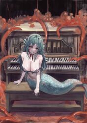 Rule 34 | 1girl, absurdres, bare shoulders, bench, black souls, blue eyes, blue hair, blue nails, bra, breasts, cleavage, fins, fish tail, highres, instrument, jewelry, large breasts, little mermaid (black souls), looking at viewer, mermaid, monster girl, navel, necklace, open mouth, organ (instrument), ropeperson, sitting, smile, solo, tail, tentacles, underwear
