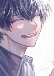 Rule 34 | 1boy, :d, ^ ^, black hair, black jacket, closed eyes, collared jacket, commentary request, facing viewer, gintama, hair between eyes, highres, hijikata toushirou, jacket, konisa, lower teeth only, male focus, open mouth, portrait, smile, solo, teeth, twitter username, upper teeth only, white background