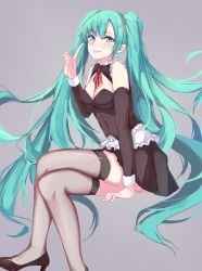 Rule 34 | 1girl, aqua hair, black footwear, black skirt, blue eyes, bow, bowtie, cleavage cutout, clothing cutout, crossed legs, detached sleeves, earrings, frills, garter straps, grey thighhighs, hair between eyes, hatsune miku, high heels, index finger raised, jewelry, lips, long hair, looking at viewer, mole, mole under mouth, muko (kokia38), red bow, red bowtie, shoes, sitting, skirt, smile, solo, thighhighs, twintails, very long hair, vocaloid