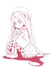 1girl abigail_williams_(fate) dress expressionless fate/grand_order fate_(series) full_body hat long_hair looking_at_viewer mary_janes monochrome parted_bangs rori_chuushin shoes simple_background sitting sketch sleeves_past_fingers sleeves_past_wrists solo very_long_hair