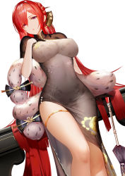 Rule 34 | 1girl, absurdres, alternate costume, an yasuri, azur lane, backless outfit, bad id, bad pixiv id, black dress, black gloves, blush, bracelet, braid, breasts, cannon, china dress, chinese clothes, cleavage, covered erect nipples, covered navel, crown braid, dress, dutch angle, earrings, feather boa, gloves, gold footwear, gold trim, hair between eyes, hair bun, hair ornament, half gloves, hand up, highres, impossible clothes, impossible dress, indoors, jewelry, large breasts, leaning, light particles, long hair, looking at viewer, monarch (azur lane), new year, oil-paper umbrella, open mouth, red hair, revision, sidelocks, simple background, single hair bun, solo, standing, table, taut clothes, taut dress, thigh strap, thighs, umbrella, very long hair, white background