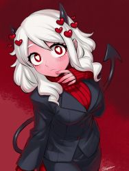 Rule 34 | 1girl, black horns, black suit, black tail, blush, closed mouth, commentary, demon girl, demon horns, demon tail, finger to mouth, formal, head tilt, heart, heart-shaped pupils, helltaker, highres, horns, kageharu, light frown, long sleeves, looking at viewer, medium hair, modeus (helltaker), red background, red eyes, red sweater, ribbed sweater, skirt, skirt suit, solo, standing, suit, sweater, swept bangs, symbol-shaped pupils, tail, turtleneck, twitter username, white hair