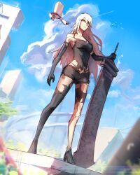 Rule 34 | 1girl, a2 (nier:automata), absurdres, black gloves, black shirt, black shorts, cloud, cloudy sky, commentary, dutch angle, elbow gloves, english commentary, floating hair, full body, gloves, greatsword, highres, holding, holding sword, holding weapon, long hair, nier:automata, nier (series), outdoors, parted lips, planted, planted sword, planted weapon, pod (nier:automata), shirt, short shorts, shorts, sky, standing, stephengiannart, sword, thighhighs, torn clothes, torn thighhighs, weapon, white hair, wind