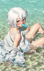 Rule 34 | 1girl, absurdres, arm support, bare legs, day, ellinyse, food, from side, hair between eyes, highres, holding, holding food, holding ice cream, ice cream, jacket, long sleeves, looking at viewer, one-piece swimsuit, outdoors, red eyes, shiny skin, short hair, shy (character), shy (series), signature, sitting, solo, swept bangs, swimsuit, water, white hair, white jacket, white one-piece swimsuit