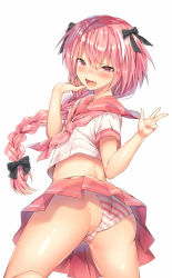 Rule 34 | 1boy, :d, ass, astolfo (fate), bare legs, black ribbon, blush, braid, fang, fate/grand order, fate (series), from behind, from below, hair ribbon, highres, long hair, looking at viewer, looking back, male focus, midriff, neckerchief, ntk (7t5), open mouth, panties, pink eyes, pink hair, pink neckerchief, pink skirt, pleated skirt, ribbon, school uniform, serafuku, shiny skin, shirt, short sleeves, simple background, single braid, skirt, smile, solo, striped clothes, striped panties, trap, underwear, upskirt, v, white background, white hair, white shirt