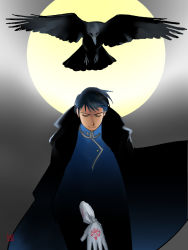 Rule 34 | 1boy, adjusting clothes, adjusting gloves, amestris military uniform, backlighting, bird, black coat, black hair, black theme, blue hair, blue jacket, closed eyes, closed mouth, clothes lift, coat, collared jacket, crow, dark blue hair, darkness, facing viewer, feet out of frame, floating hair, full moon, fullmetal alchemist, gloves, gradient background, gradient clothes, gradient hair, grey background, head down, jacket, light smile, male focus, moon, moonlight, multicolored hair, open clothes, open coat, roy mustang, shaded face, urikurage, white background, white gloves