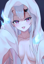 Rule 34 | 1girl, absurdres, breasts, cleavage, highres, hololive, horns, leeshin0919, long hair, looking at viewer, medium breasts, nakiri ayame, open mouth, red eyes, skin-covered horns, smile, solo, virtual youtuber, white hair