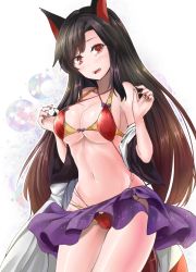 Rule 34 | 1girl, bare shoulders, bikini, blush, breasts, brown hair, cleavage, cowboy shot, hands up, highleg, highleg bikini, highres, imaizumi kagerou, large breasts, long hair, looking at viewer, nail polish, navel, red bikini, red eyes, red nails, sarong, solo, stomach, swept bangs, swimsuit, tears, touhou, underboob, white background, wide hips, y2