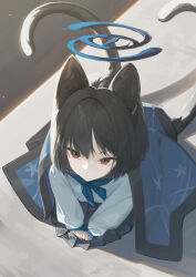 Rule 34 | 1girl, absurdres, animal ears, bakeneko, black hair, blue archive, blue haori, blue neckerchief, blue sailor collar, blue skirt, brown eyes, cat ears, cat tail, closed mouth, commentary, dutch angle, expressionless, from above, halo, haori, highres, japanese clothes, kikyou (blue archive), leaning forward, long sleeves, looking at viewer, multiple tails, neckerchief, nikki l, own hands together, pale skin, pleated skirt, sailor collar, school uniform, seiza, serafuku, shirt, sitting, skirt, solo, tail, white shirt