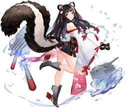 Rule 34 | 1girl, animal ear fluff, animal ears, ass, azur lane, bare shoulders, black hair, black skirt, boots, breasts, brown eyes, floating hair, flower, from behind, full body, grey footwear, hair flower, hair ornament, high heels, highres, japanese clothes, kimono, large breasts, leg up, legs, long hair, long sleeves, long tail, looking back, miniskirt, multicolored hair, naganami (azur lane), no panties, off shoulder, official alternate costume, official art, open mouth, sideboob, skirt, skunk ears, skunk tail, smile, solo, standing, standing on one leg, streaked hair, suisai (suisao), tail, thighs, torpedo, transparent background, two-tone hair, white hair, wide sleeves